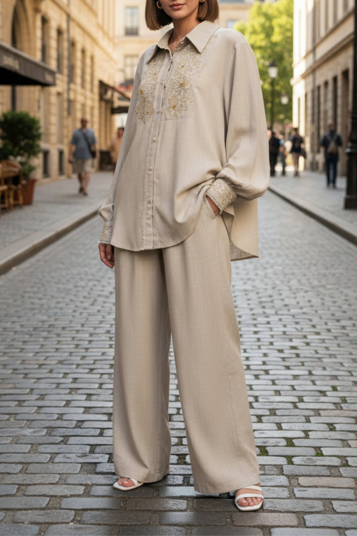 Beige & Gold Embroidered Linen Co-ord Set