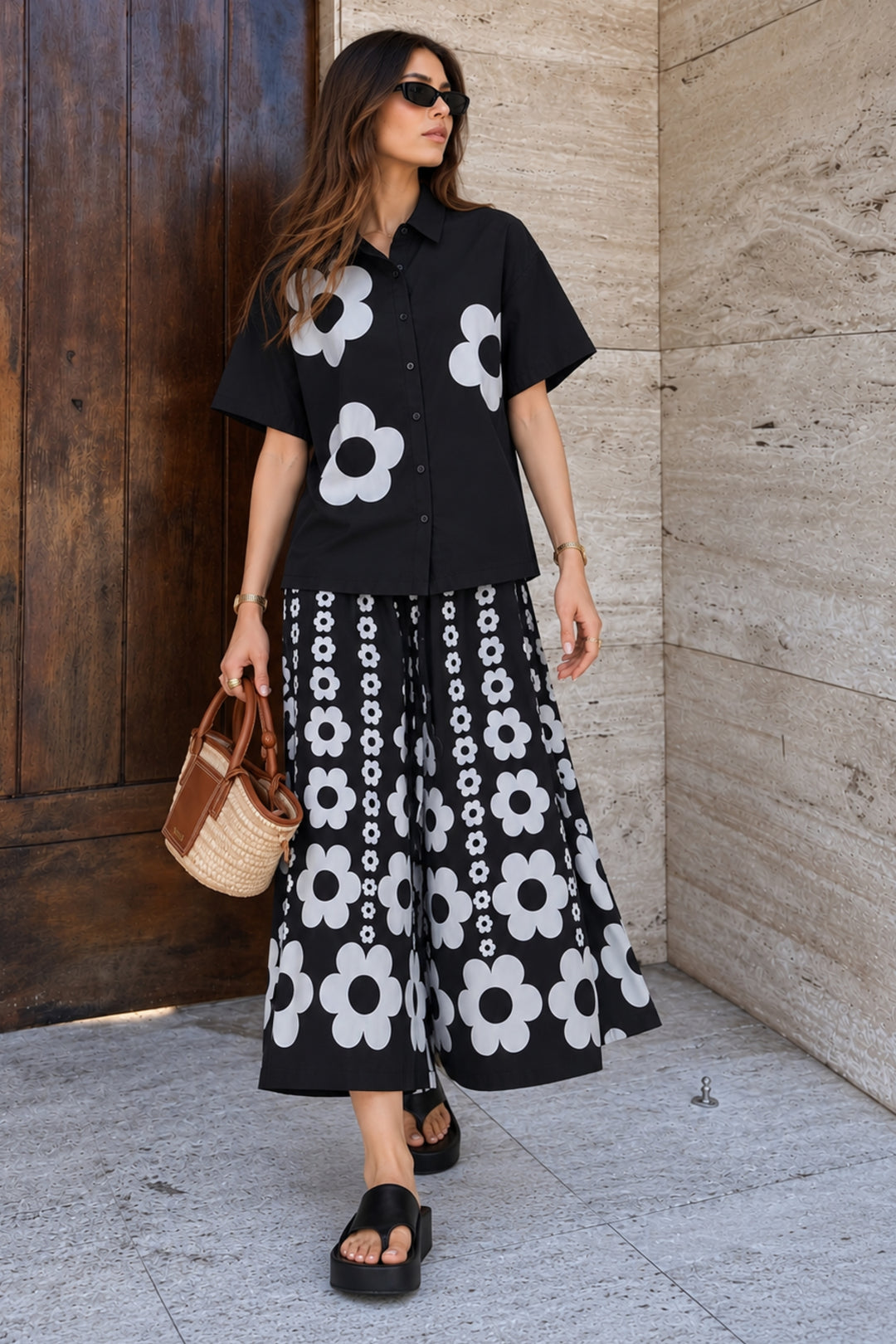 Floral Printed Black Cotton Coord Set