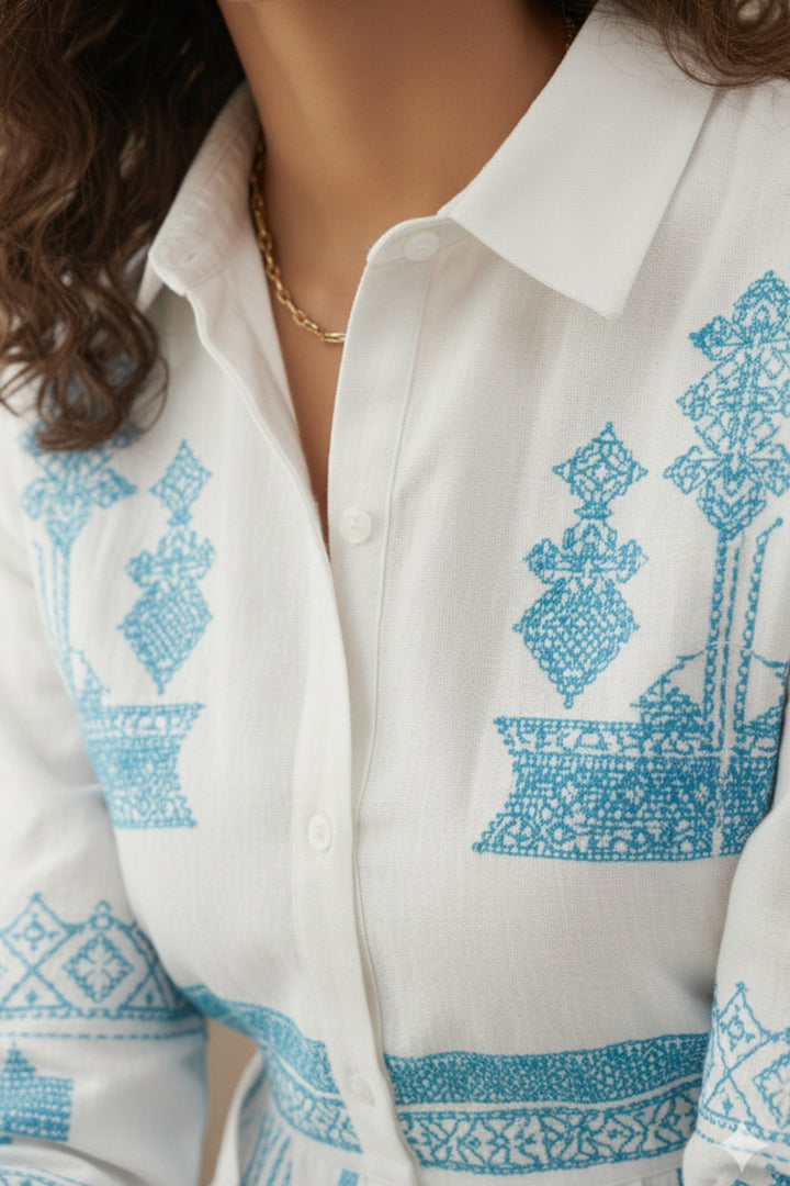 Blue Sindhi Thread Work Cotton Linen Dress