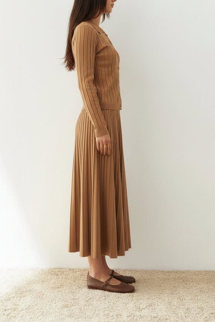 Cinnamon Pleated Knit Skirt Co-ord Set