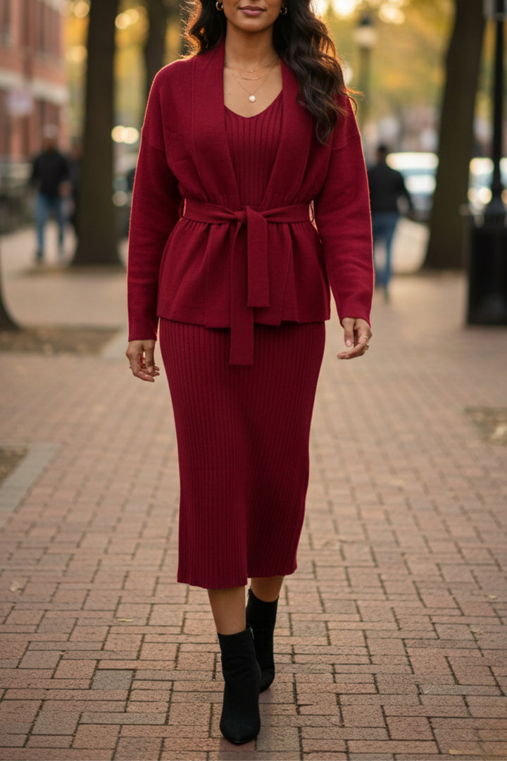 Red Sleeveless Dress with Waist Tie Cardigan