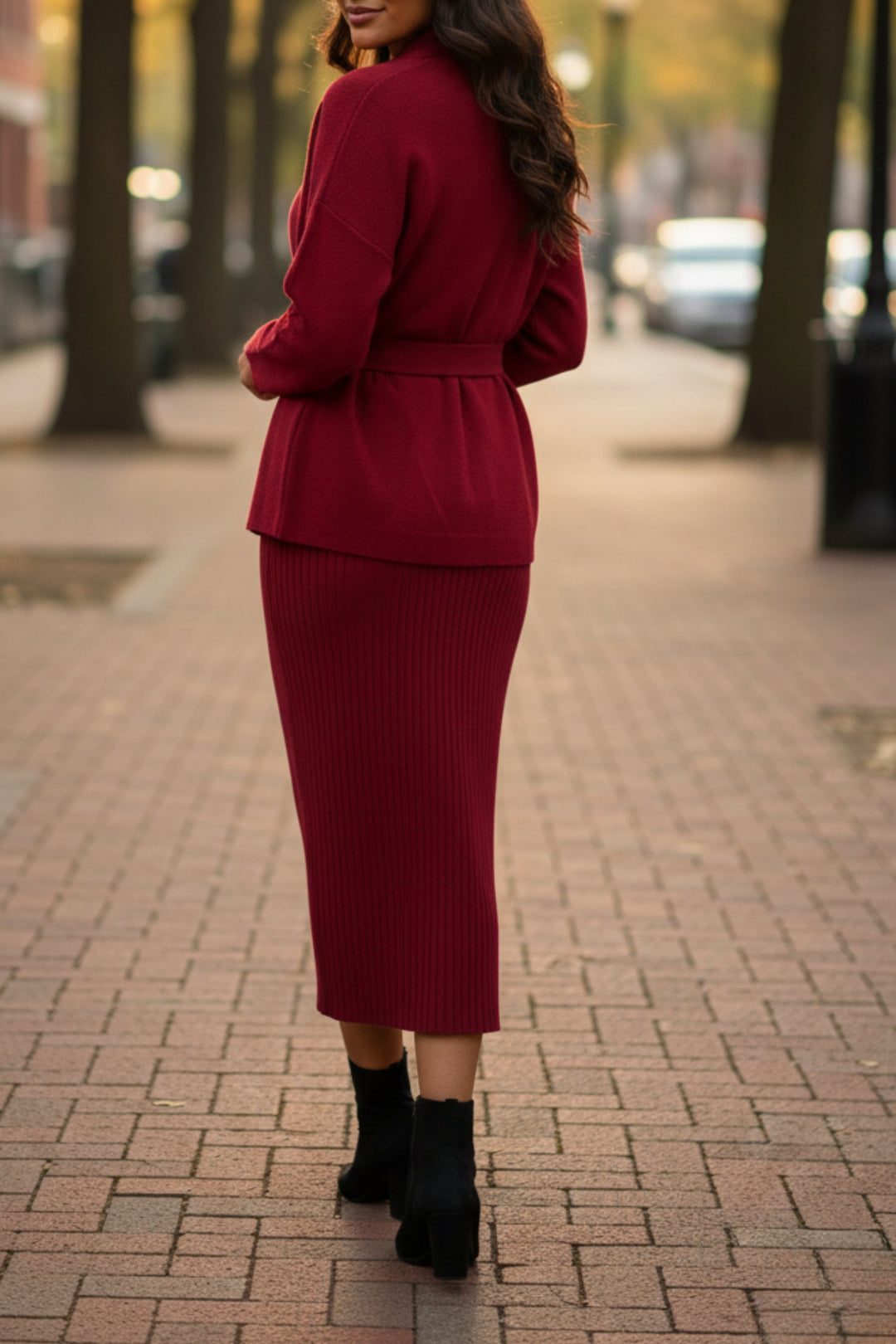 Red Sleeveless Dress with Waist Tie Cardigan