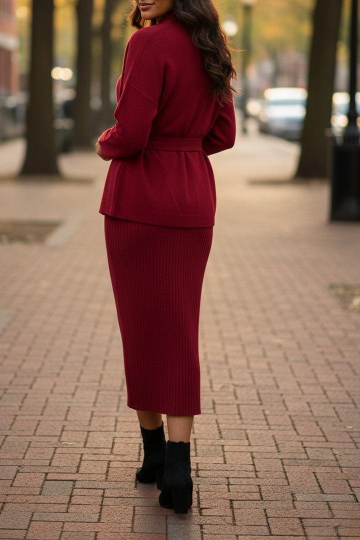 Red Sleeveless Dress with Waist Tie Cardigan