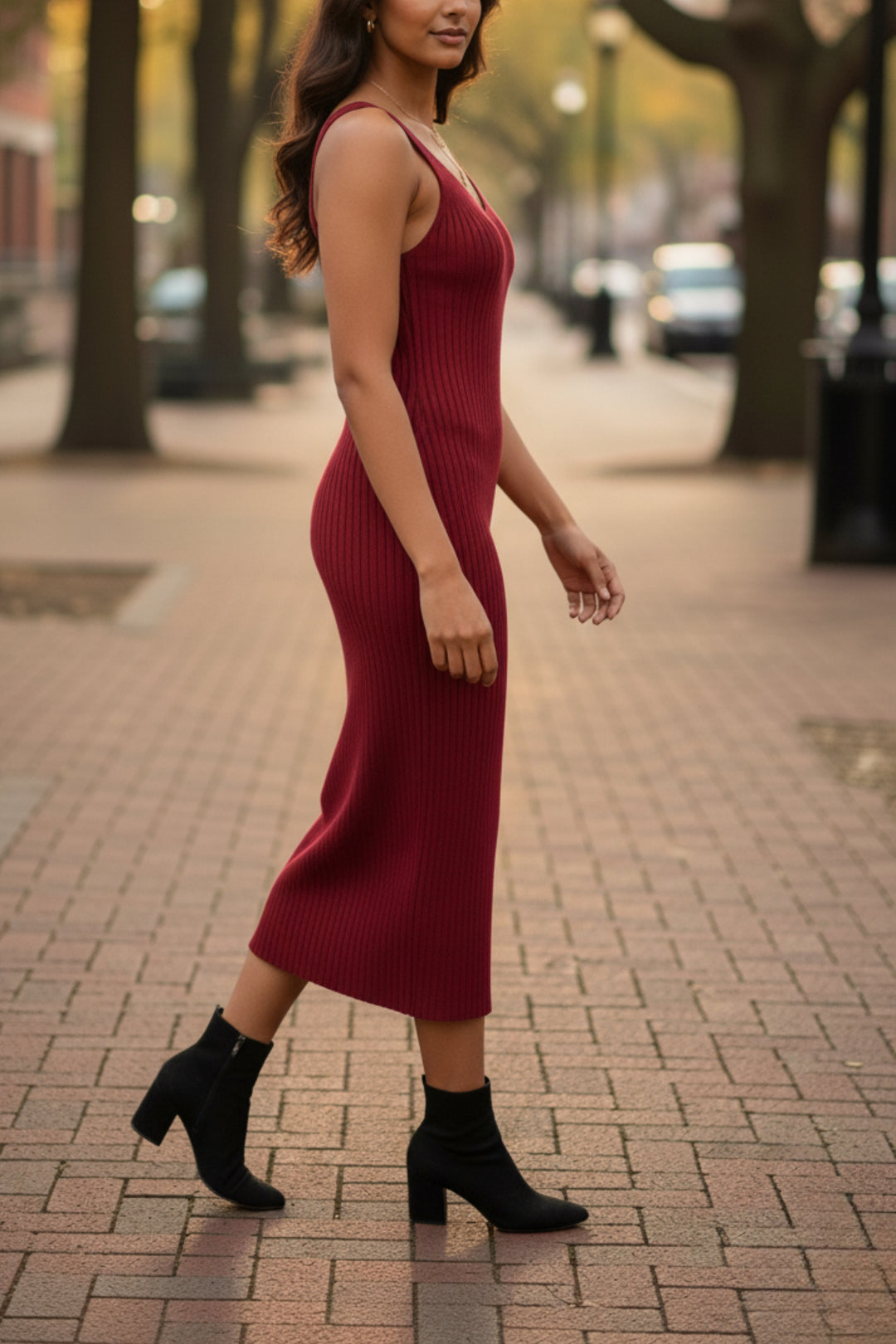 Red Sleeveless Dress with Waist Tie Cardigan