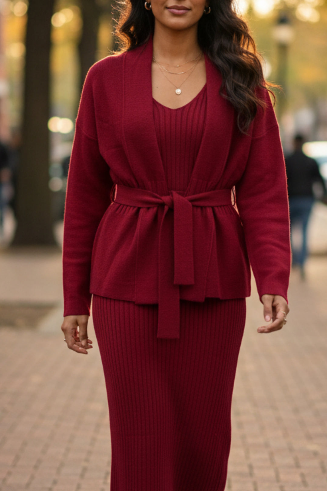 Red Sleeveless Dress with Waist Tie Cardigan