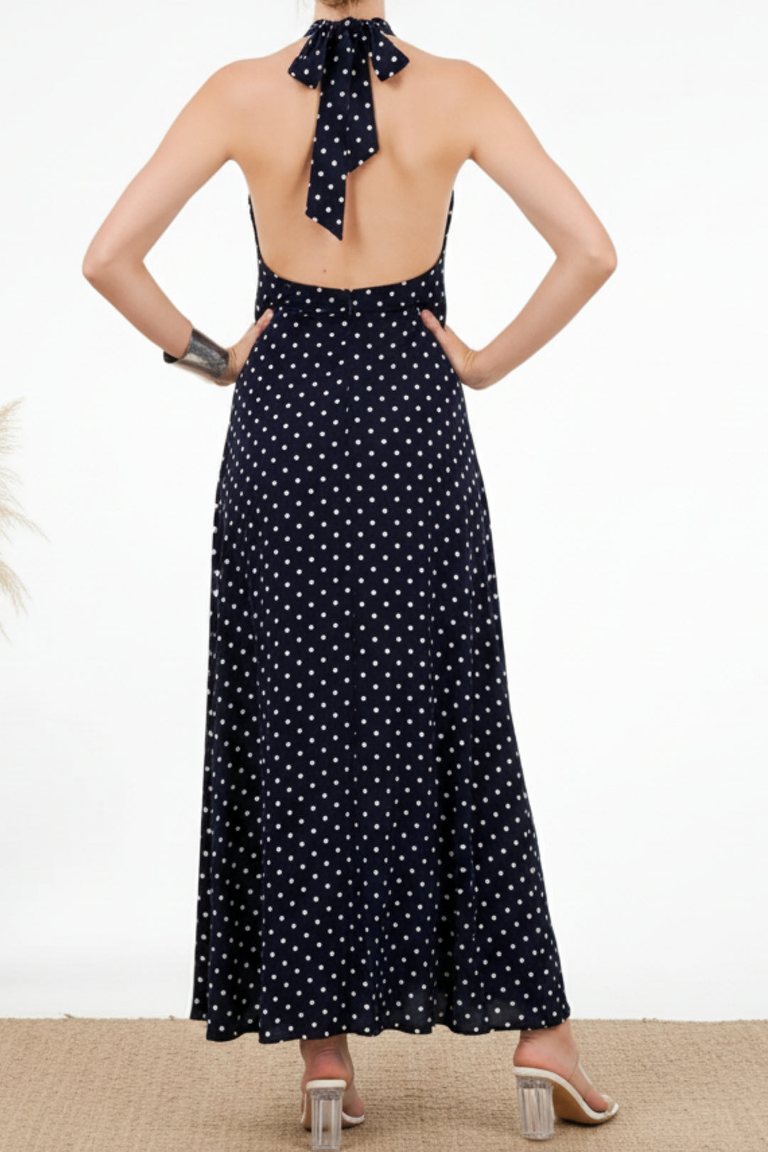 Navy Blue Polka Dot Halter Maxi Dress