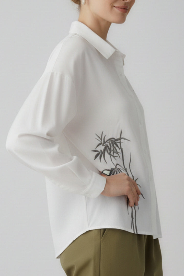 White Cotton Shirt With Bamboo Embroidery