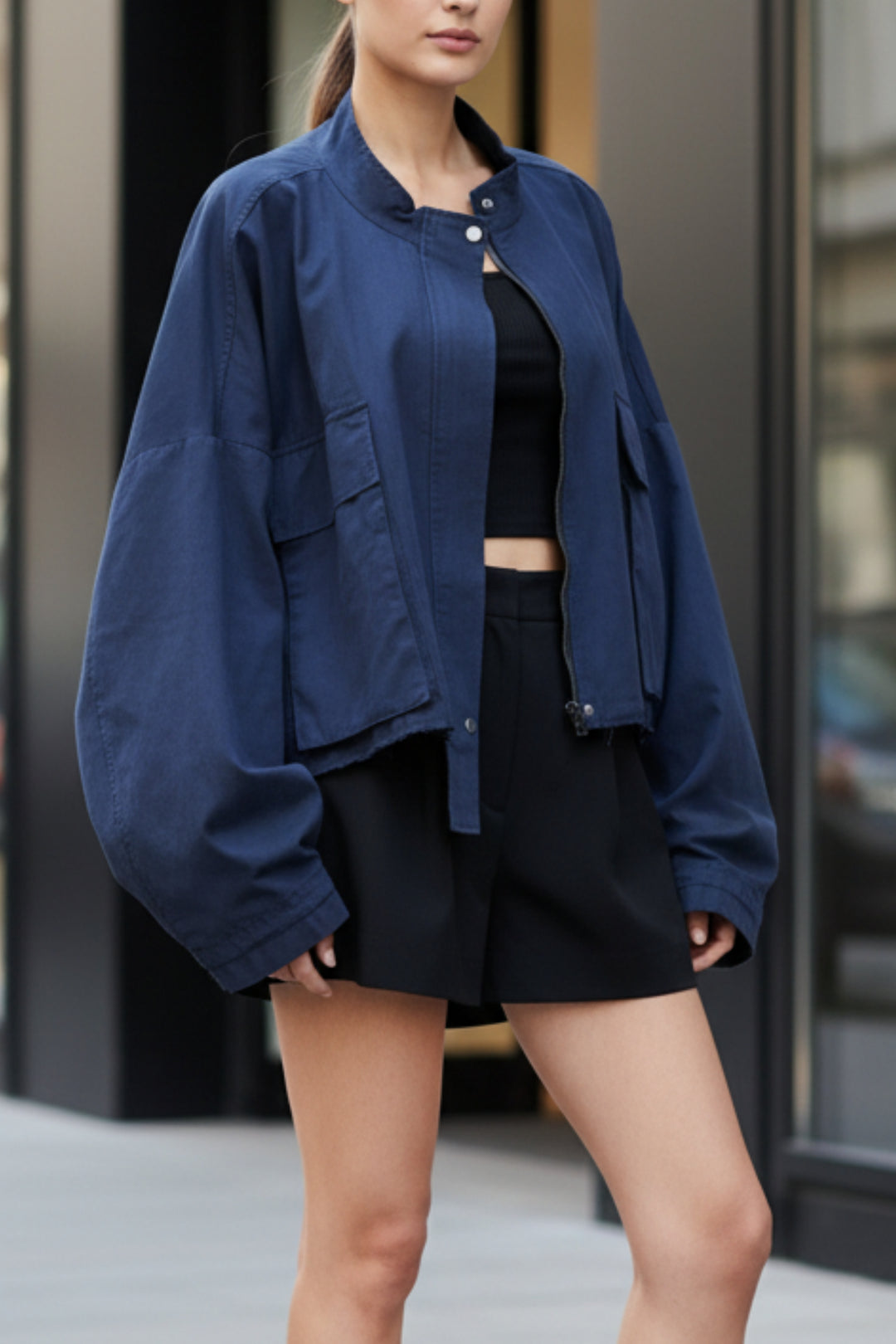 Dapper Navy Oversized Cropped Jacket