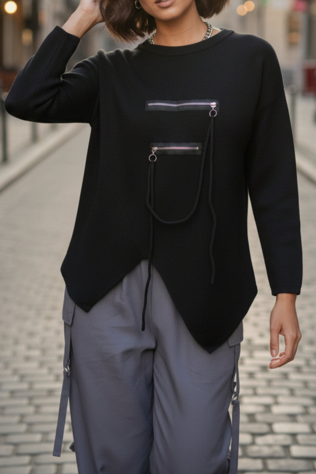 Black Zipline Geometrical Sweater