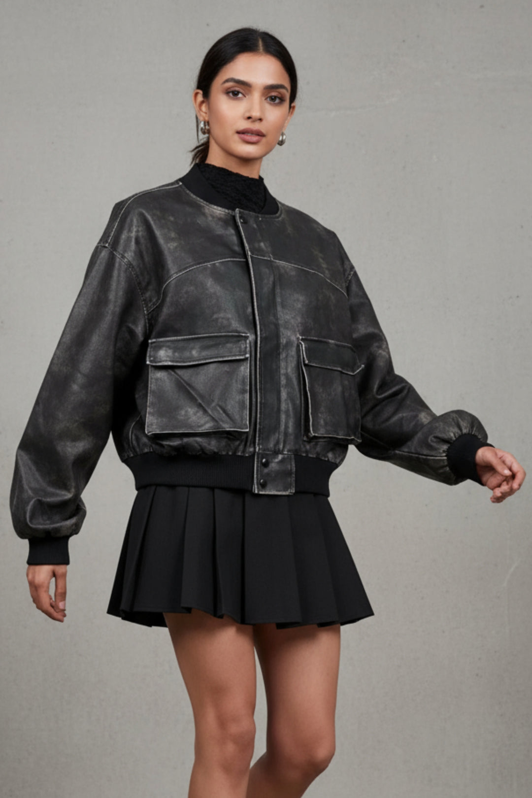 Textured Terrain Black Leather Jacket