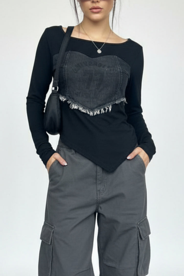 Sweetheart Black Frayed Top