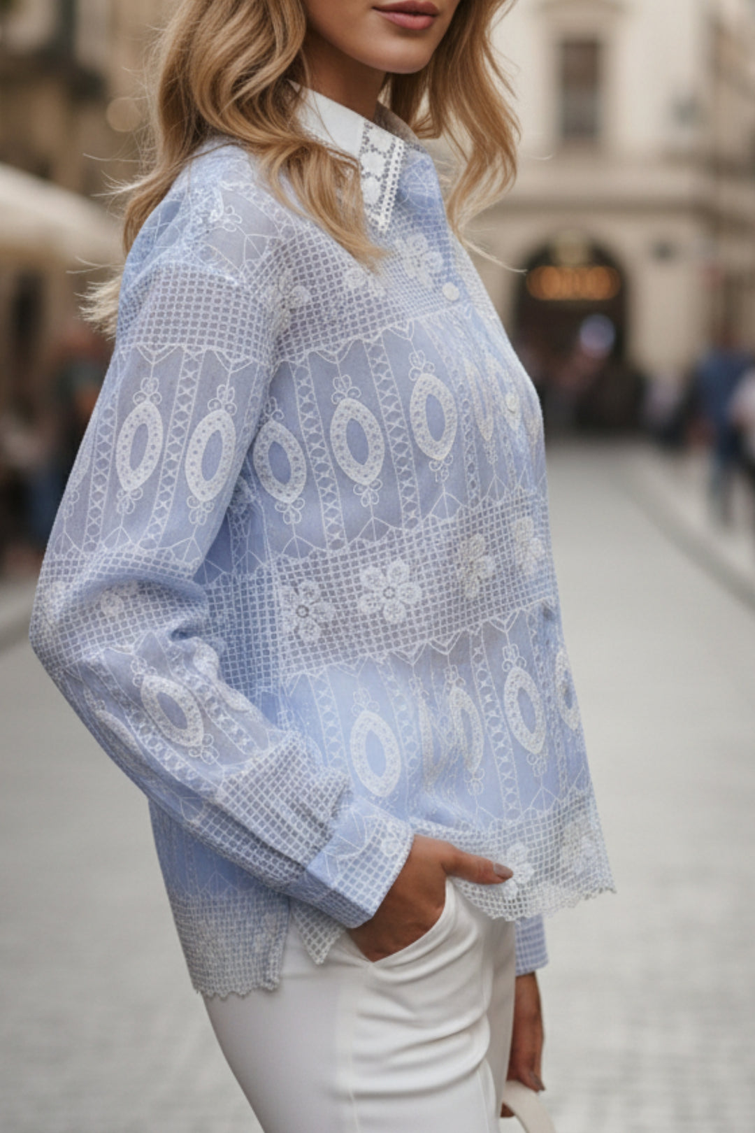 Ice Blue White Embroidered Shirt
