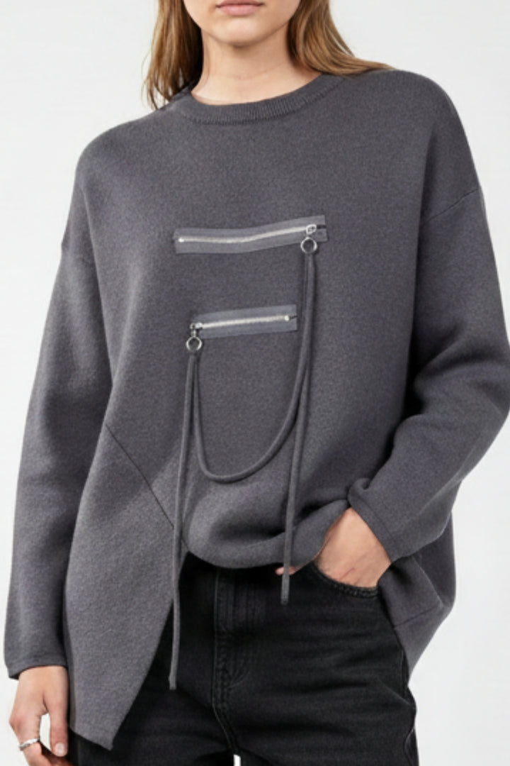 Slate Grey Zipline Geometrical  Sweater