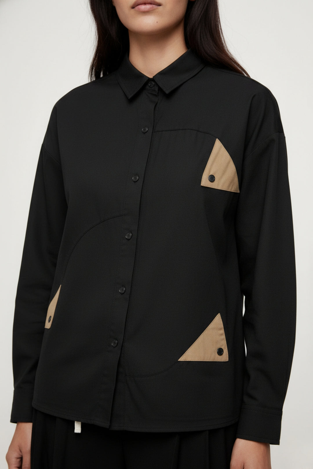 Cotton Black Shirt With Olive Flaps