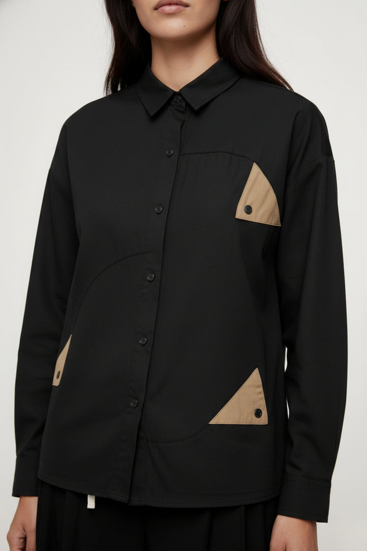 Cotton Black Shirt With Olive Flaps