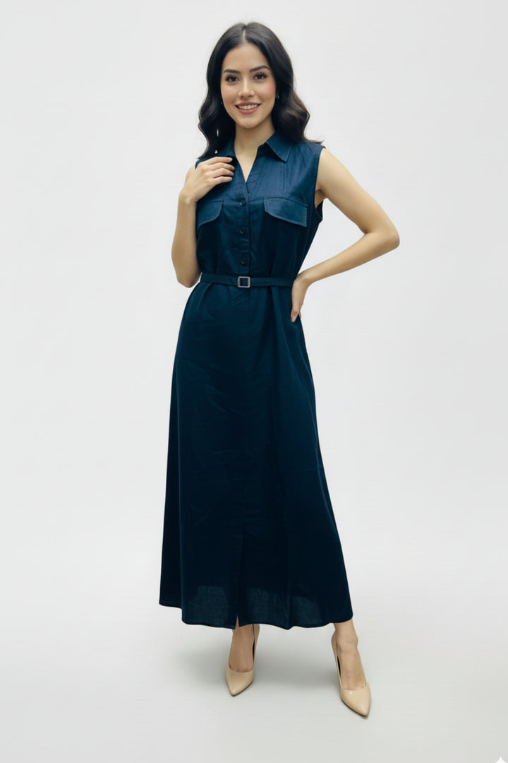 Dark Blue Belted Maxi Dress