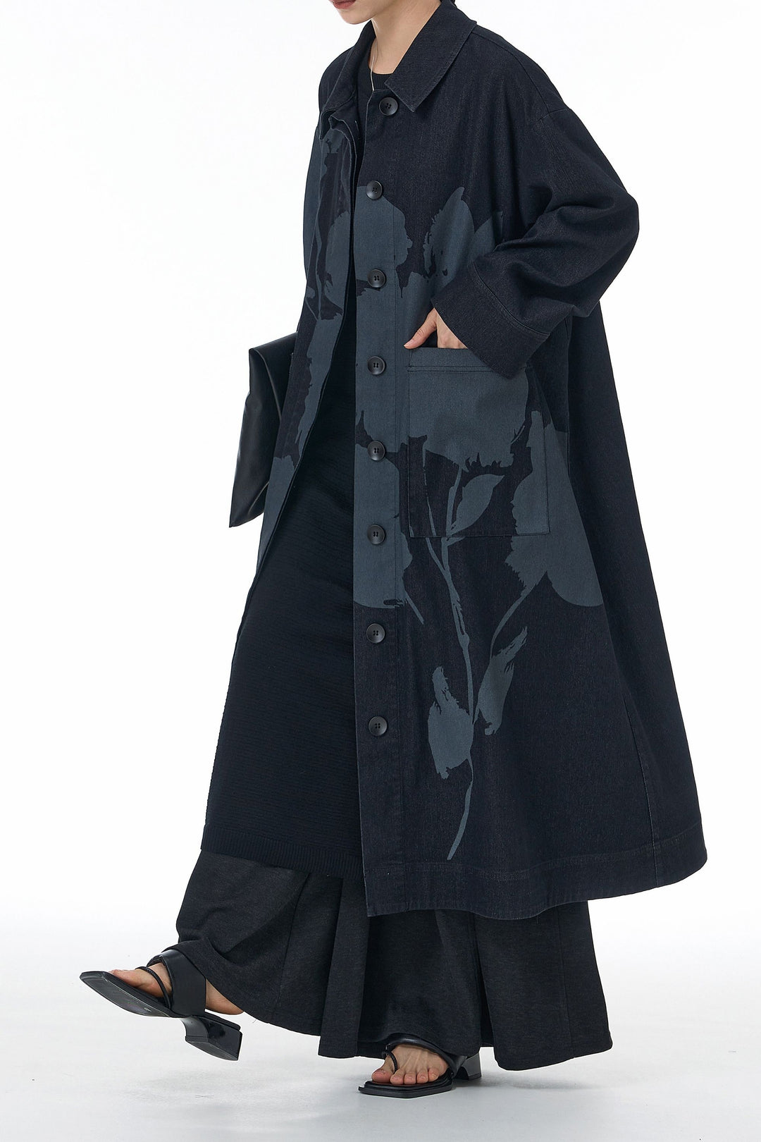 Carbon black denim trench coat