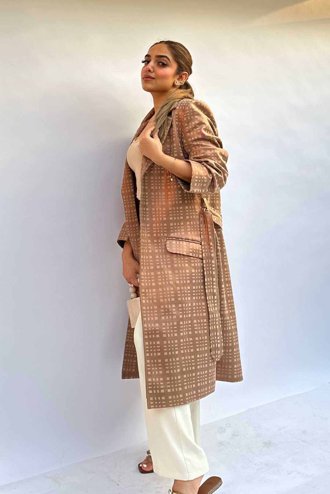 Checkered suede trench coat for formal occasions