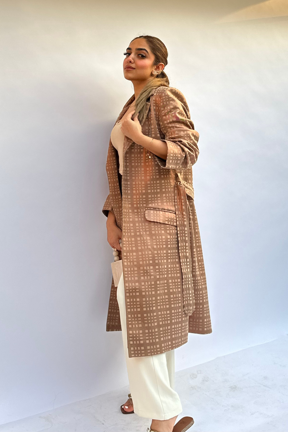 Checkered suede trench coat for formal occasions