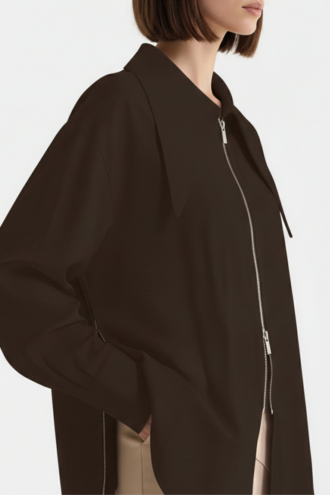 Wide-Lapel Espresso Zip Utility Shirt