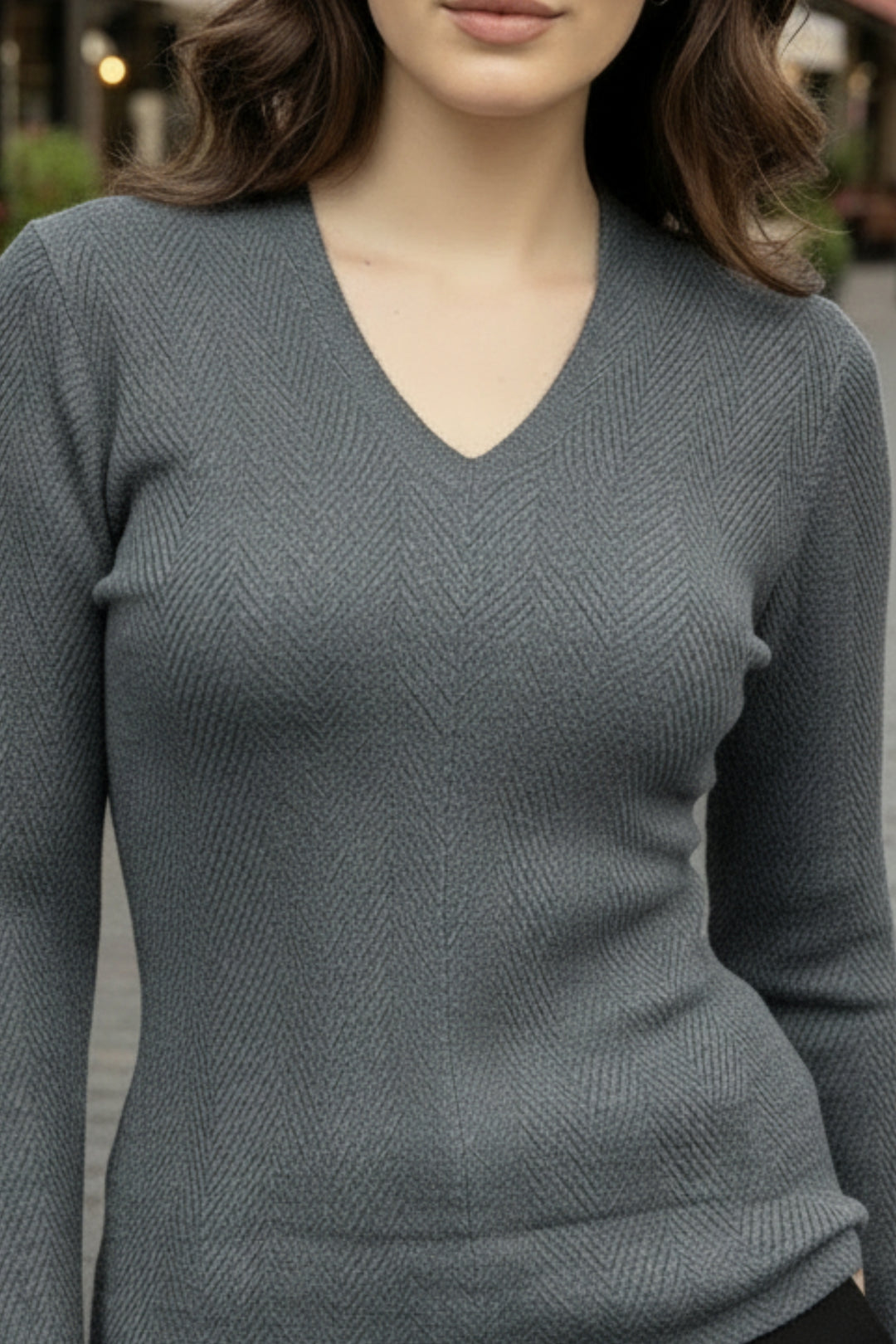 Smoke Grey V-Neck Knit Top