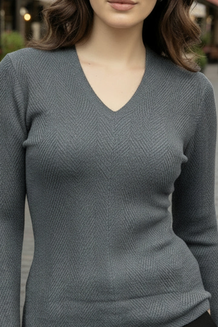 Smoke Grey V-Neck Knit Top