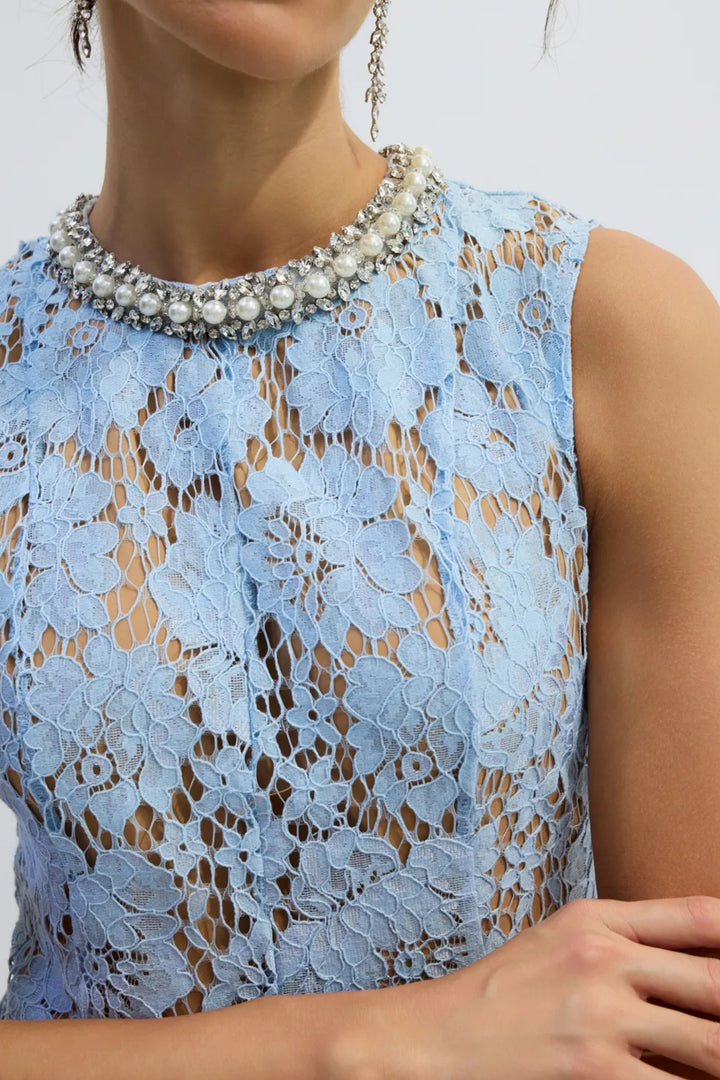 Soft Blue Floral Lace Sleeveless Midi Dress