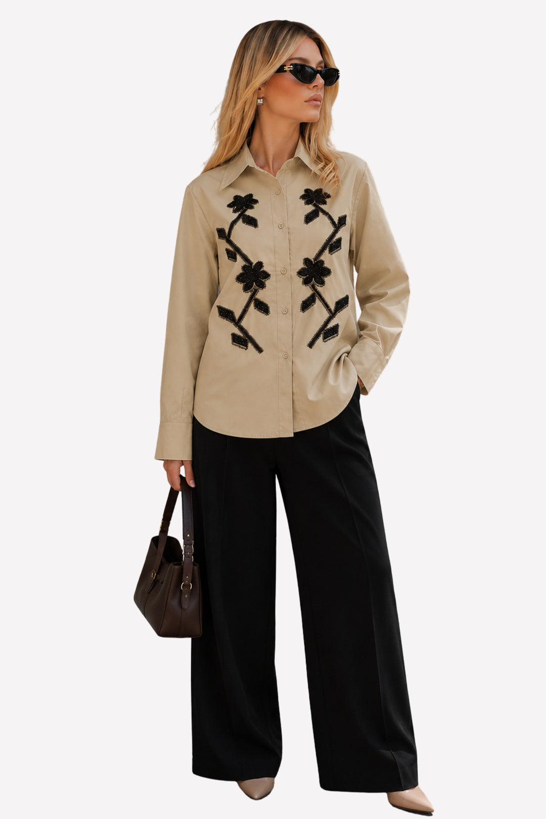 Beige Floral Embellished Shirt