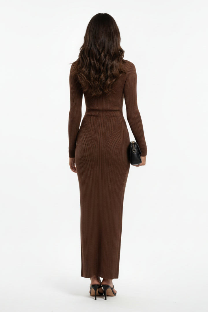 Brown Knit Full Sleeve Maxi Dress