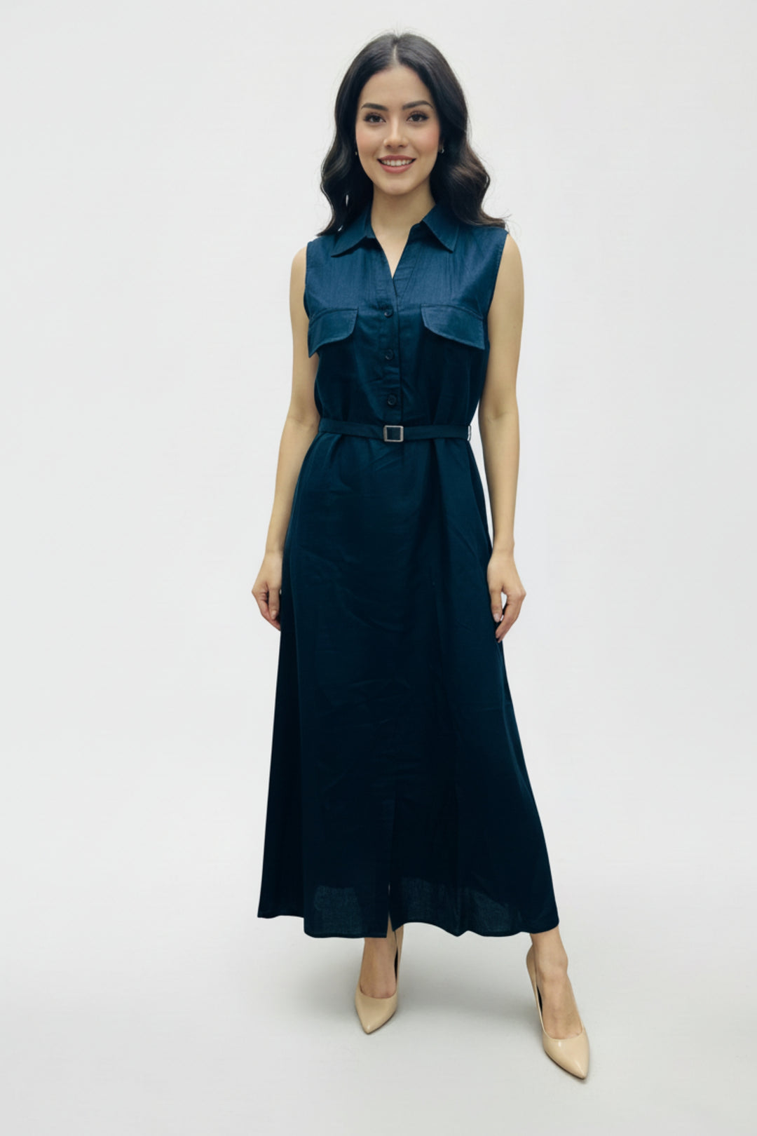 Dark Blue Belted Maxi Dress