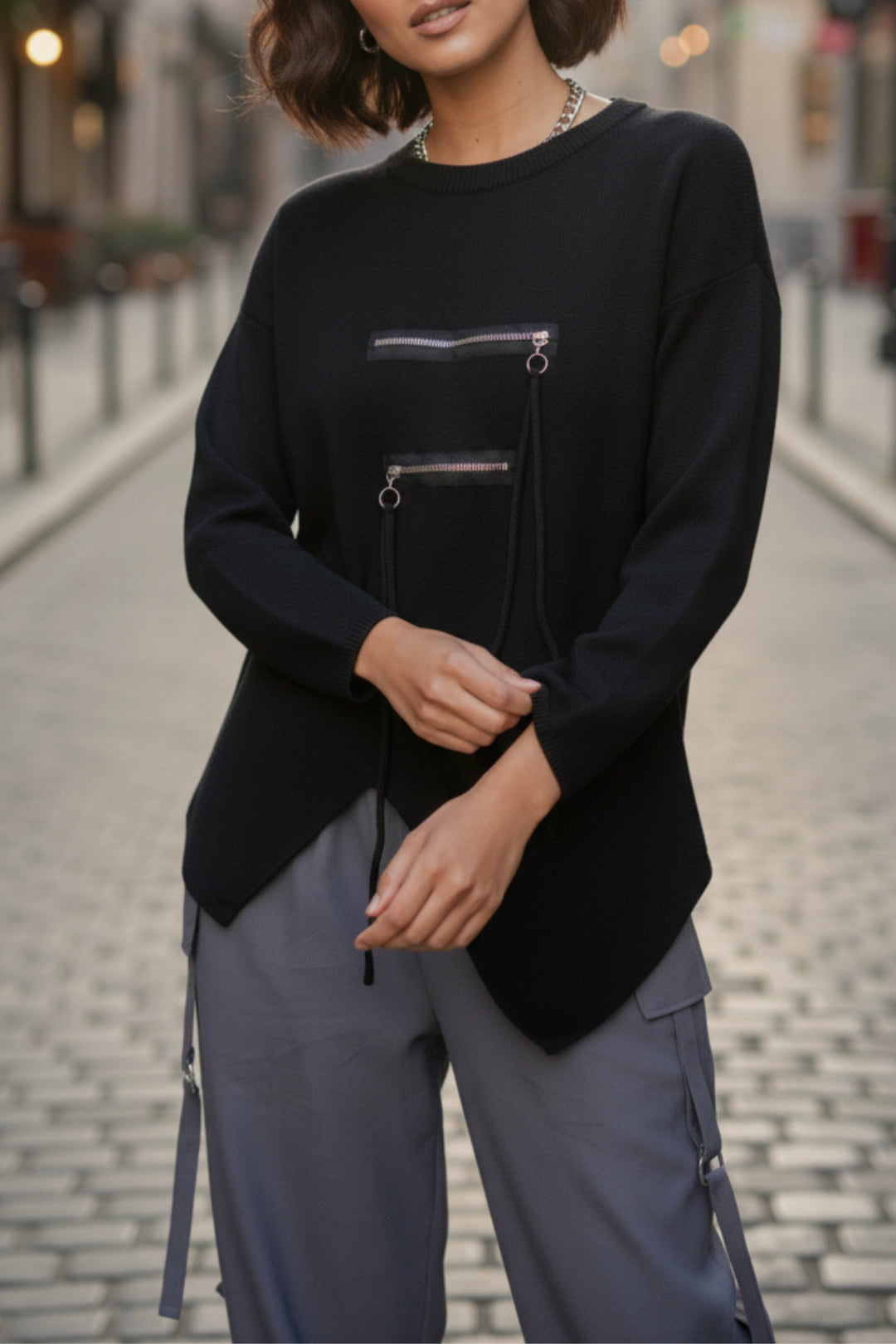 Black Zipline Geometrical Sweater