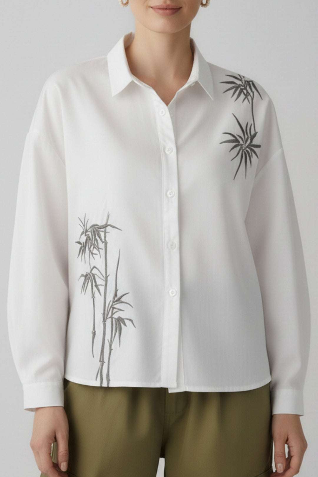 White Cotton Shirt With Bamboo Embroidery