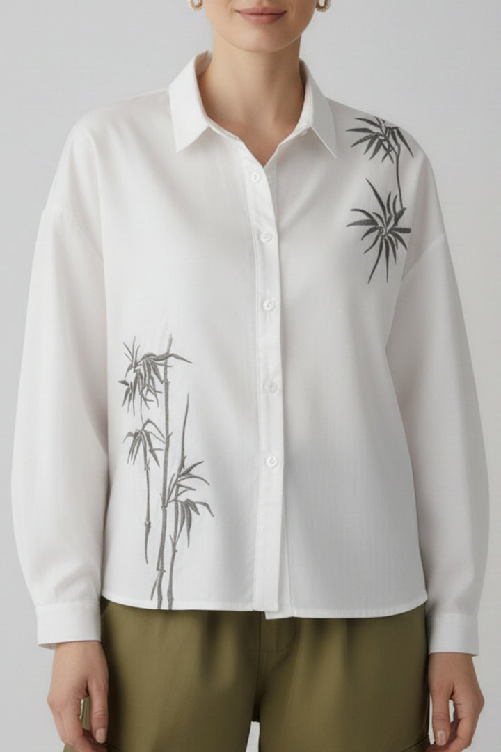White Cotton Shirt With Bamboo Embroidery