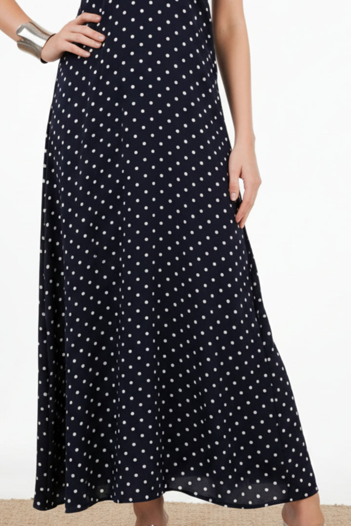 Navy Blue Polka Dot Halter Maxi Dress
