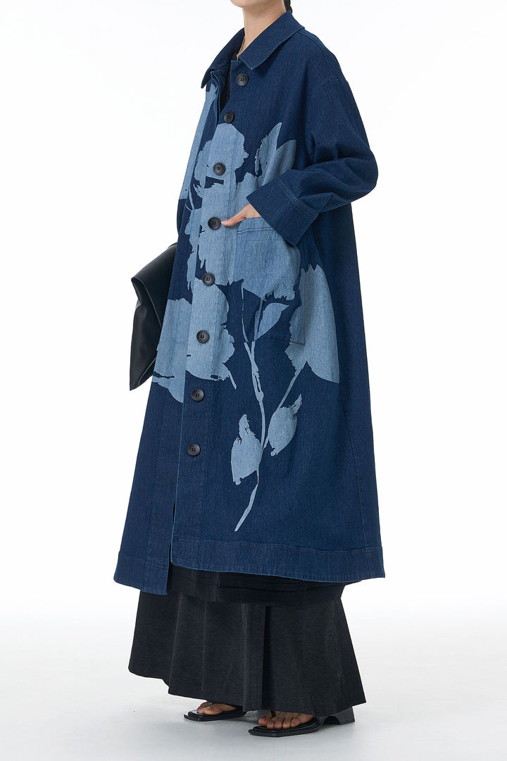 full button denim trench coat with collar