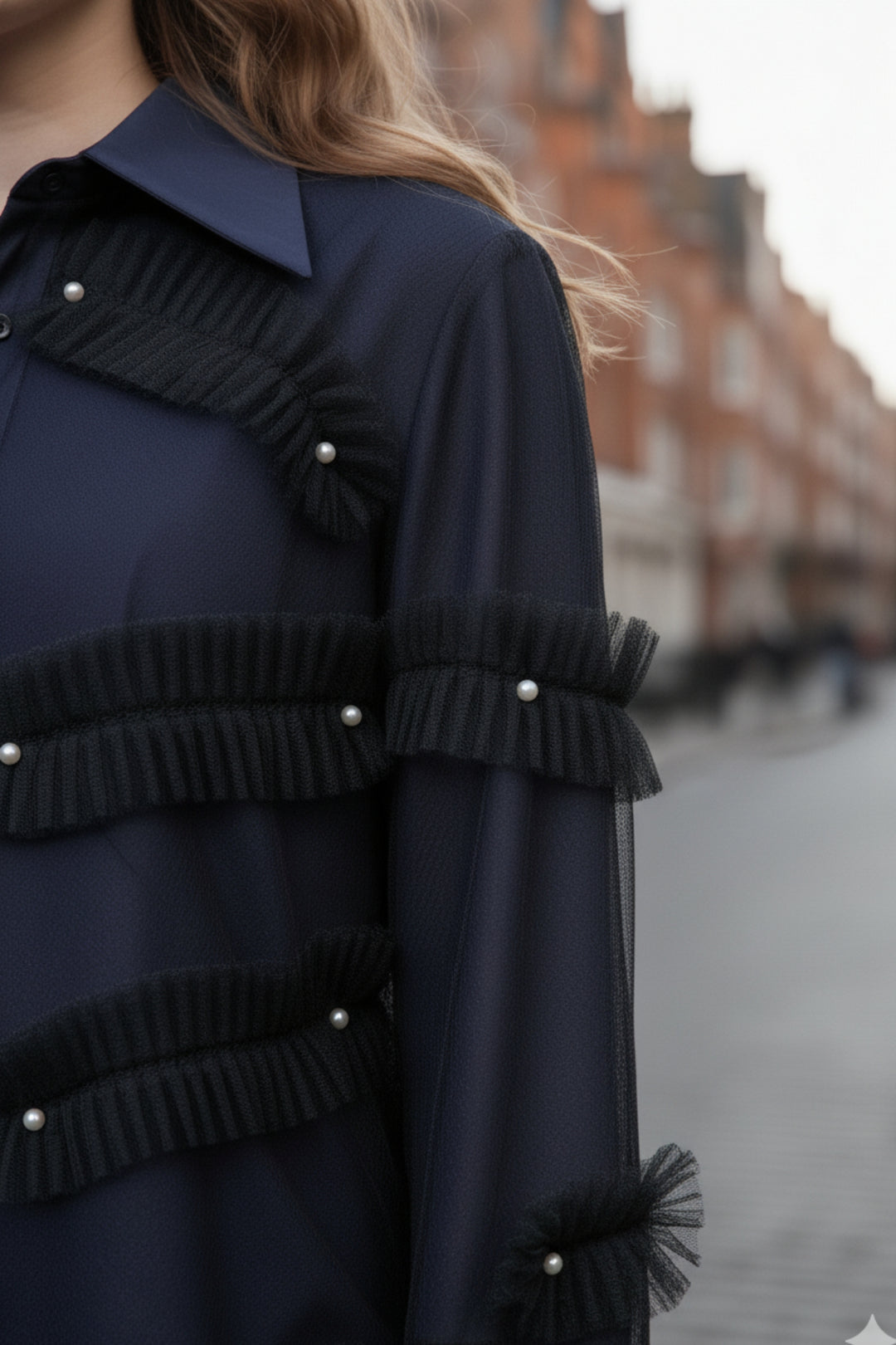 Navy Mesh-Layered Shirt