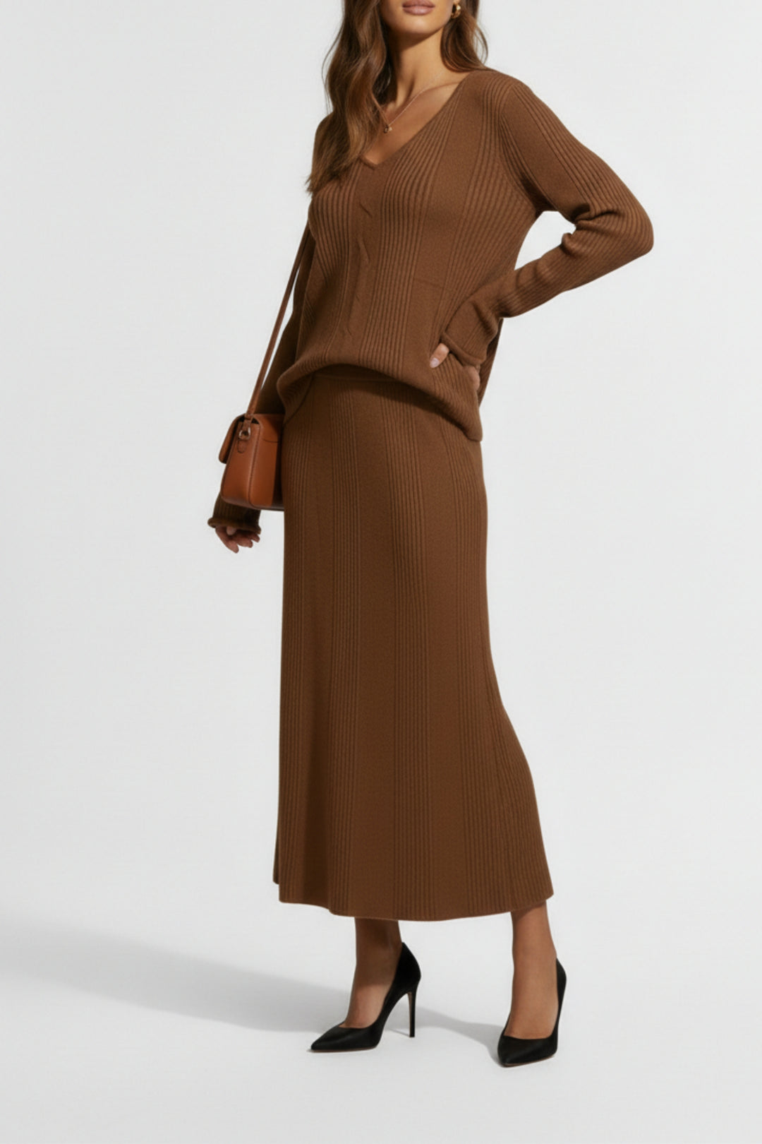 Mocha Ribbed Skirt Co-ord Set