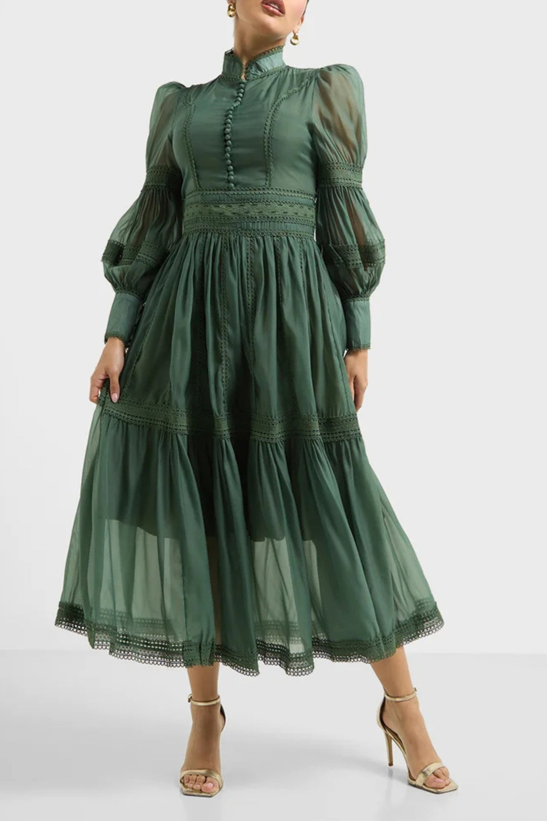 Wimbledon Green Cutwork Dress | High-Neck Maxi Dress for Women Nolabels Wimbledon Green Cutwork Dress | High-Neck Maxi Dress for Women Nolabels
