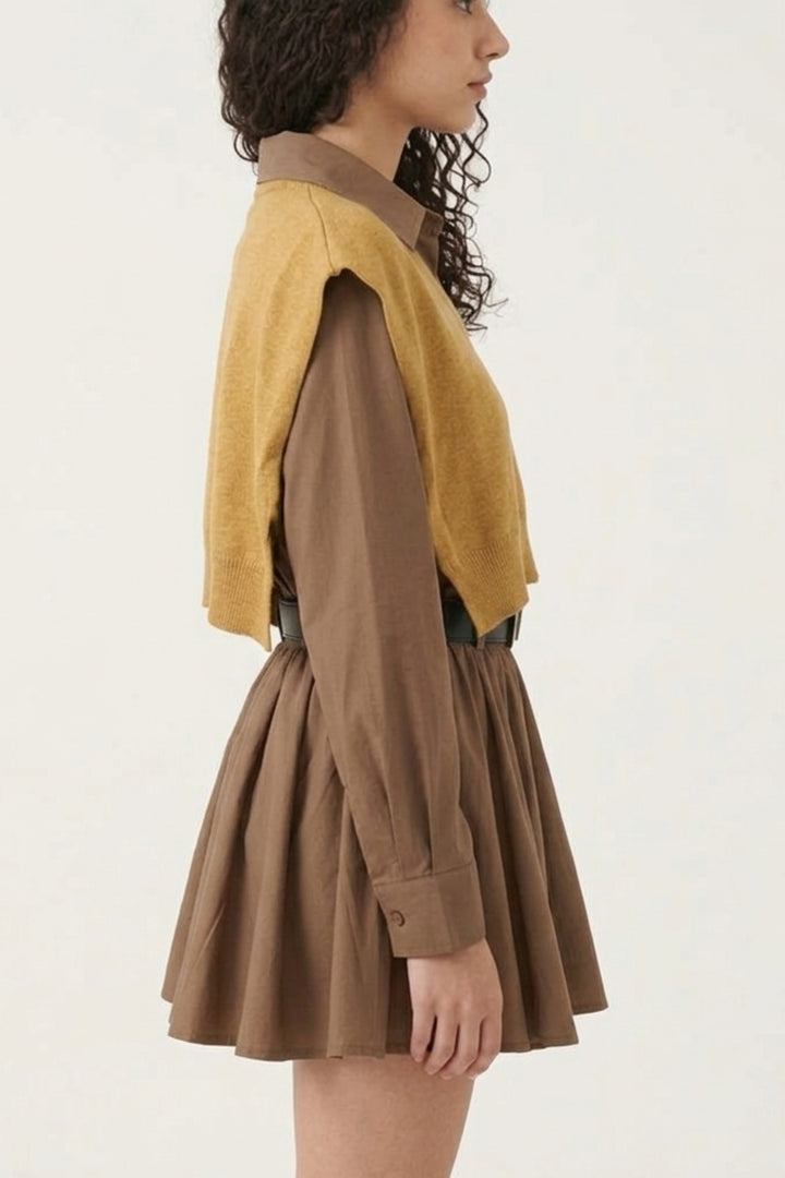 Cocoa Belted Mustard Overlay Shirt Dress