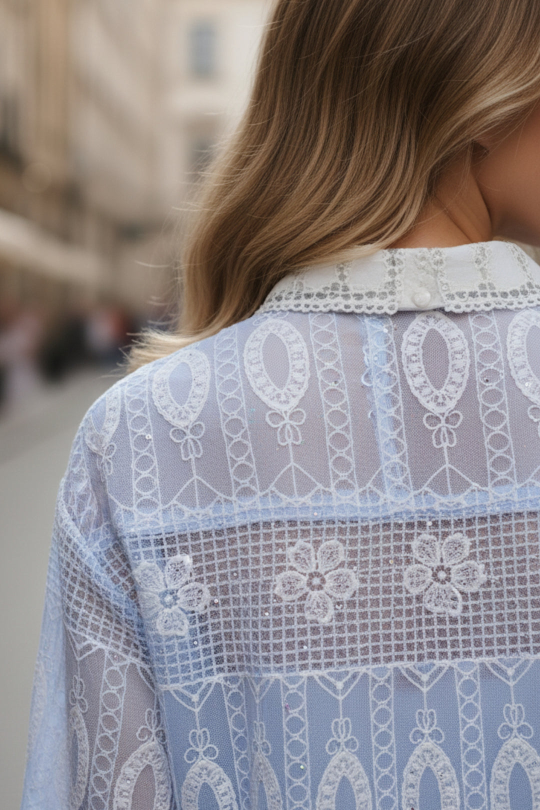 Ice Blue White Embroidered Shirt