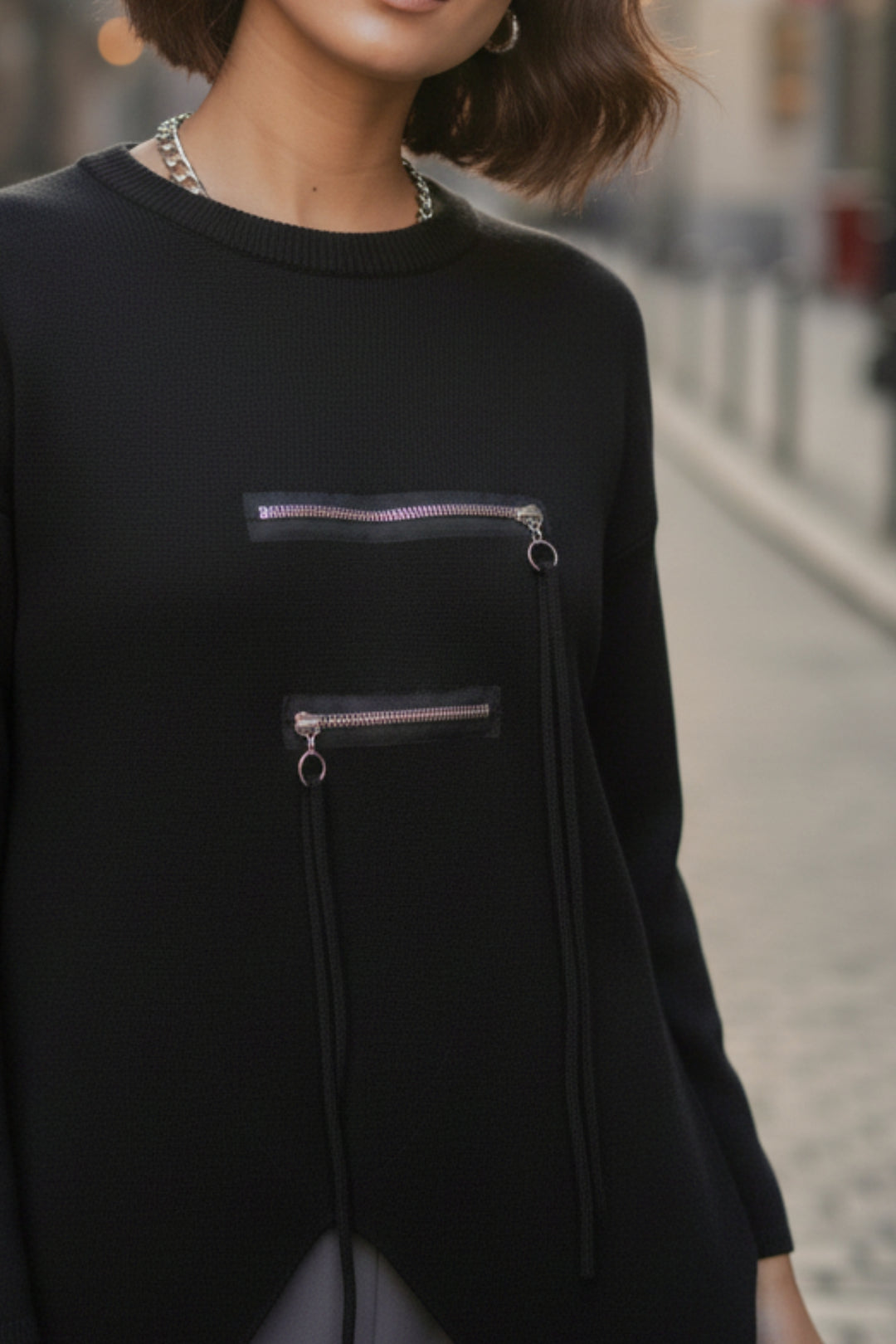 Black Zipline Geometrical Sweater