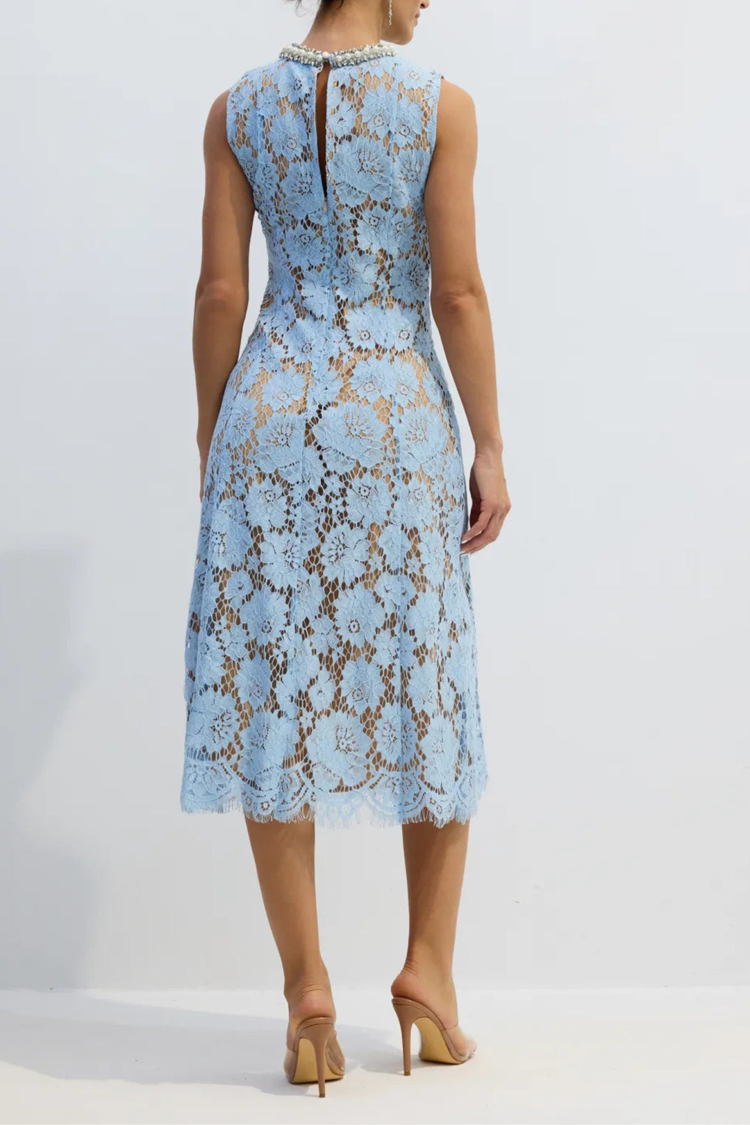 Soft Blue Floral Lace Sleeveless Midi Dress