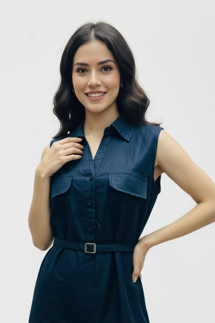 Dark Blue Belted Maxi Dress