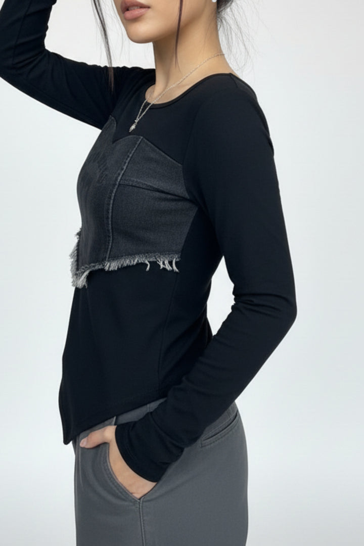 Sweetheart Black Frayed Top