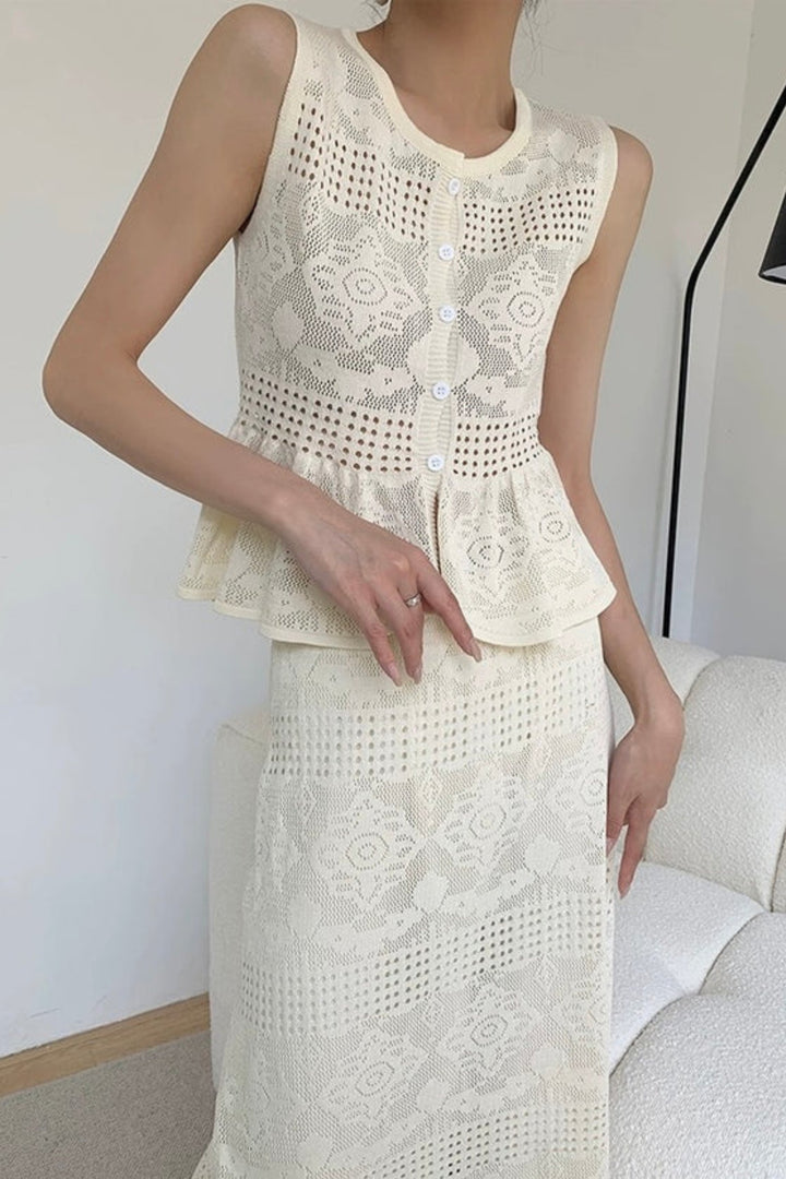 Ivory Crochet Knit Skirt Coord set