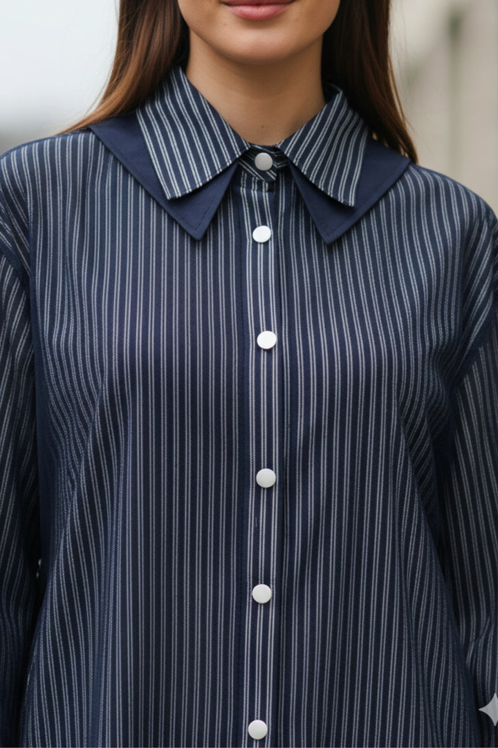 Navy Striped Sheer Hem Shirt