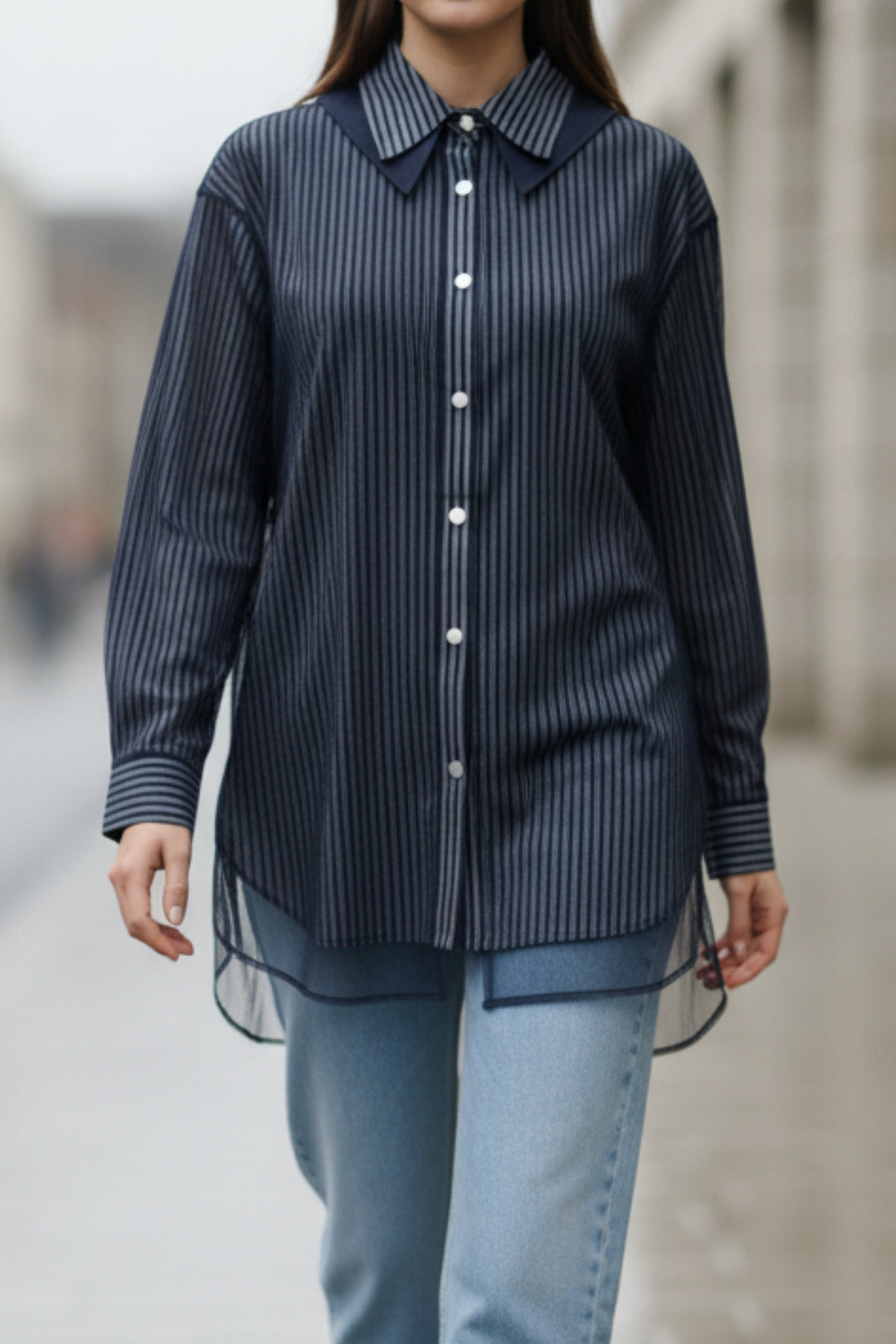 Navy Striped Sheer Hem Shirt