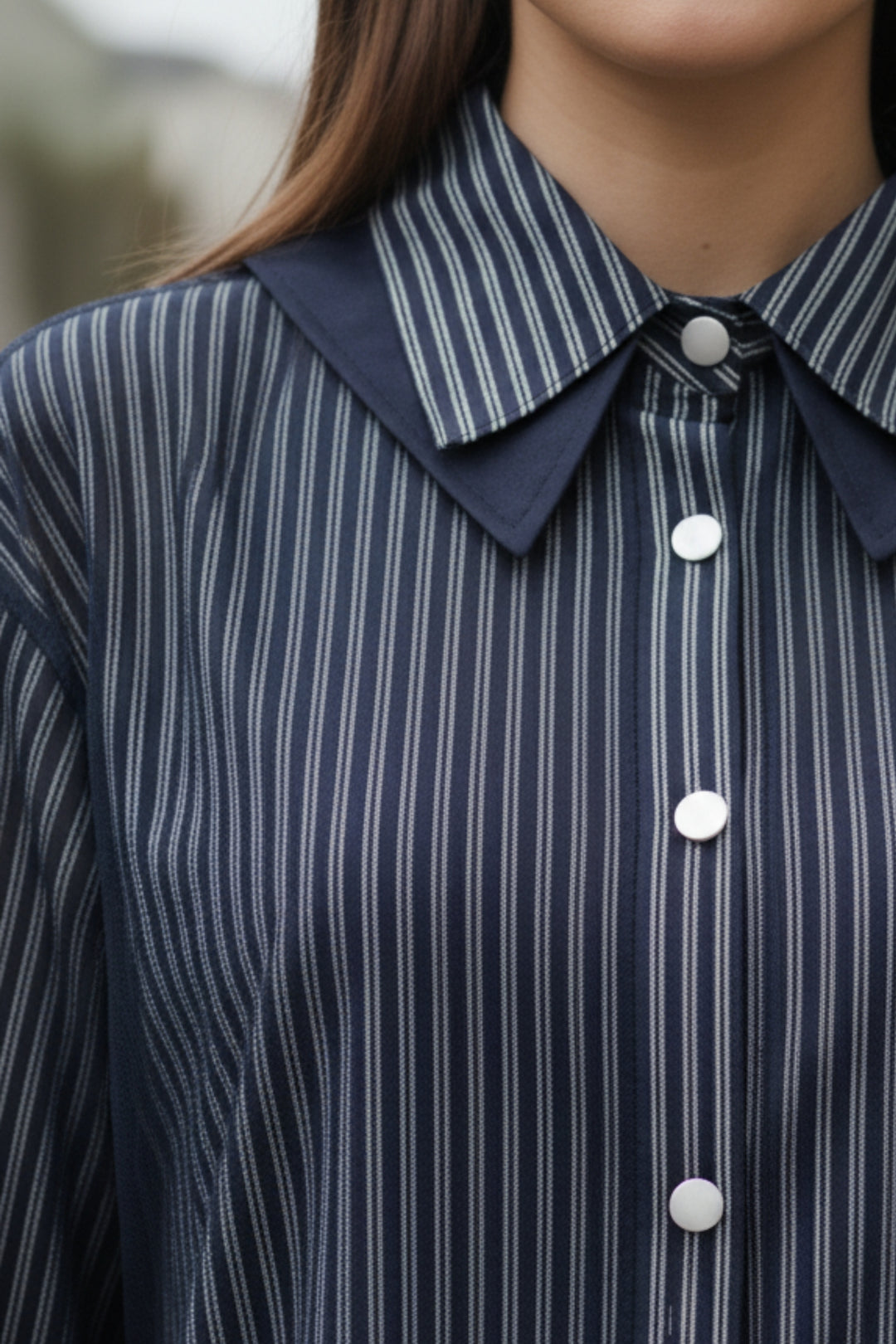 Navy Striped Sheer Hem Shirt