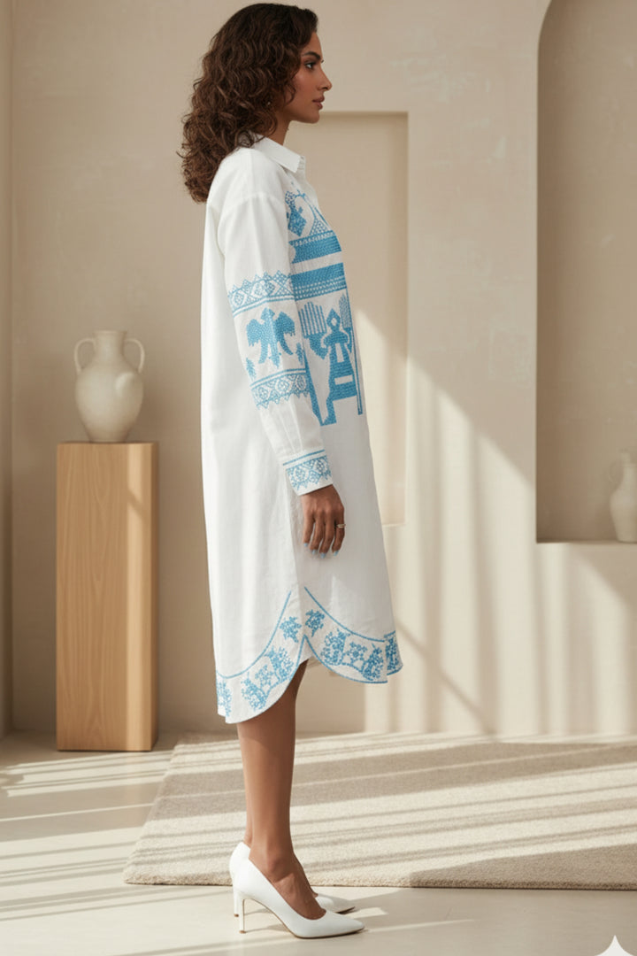 Blue Sindhi Thread Work Cotton Linen Dress