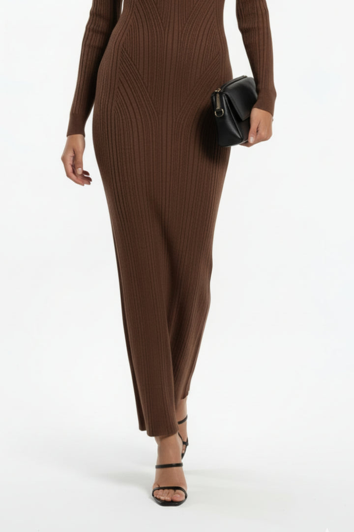 Brown Knit Full Sleeve Maxi Dress